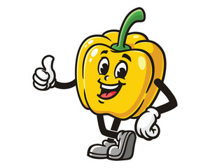 yellow Paprika bell pepper with thumb up and relax pose cartoon mascot illustration character vector clip art logo hand drawn