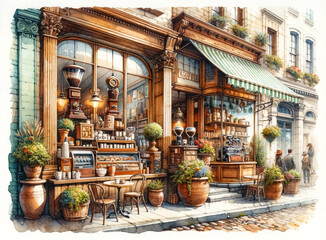 Classic Parisian Coffee Shop Watercolor Scene
