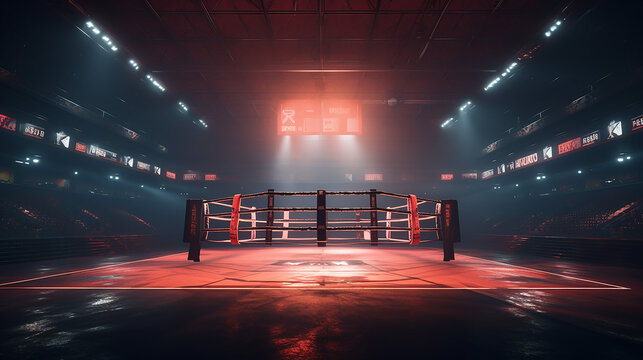 professional boxing arena in lights 3d rendering