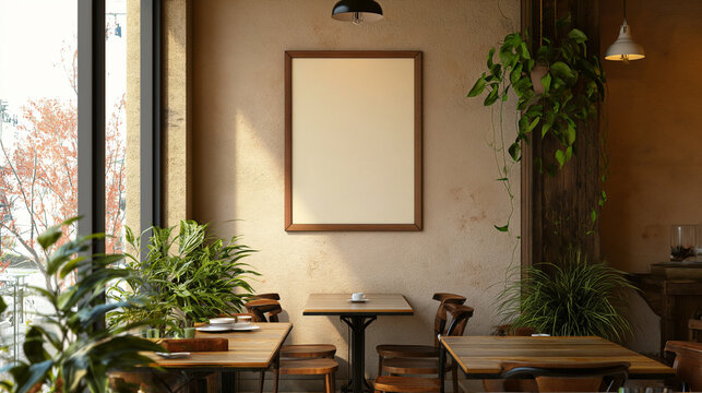 make a beautiful mockup vertical picture frame hanging on the wall of a cafe --ar 16:9 --v 6 Job ID: 90cd9f80-99d3-4e32-a0fd-bfd0646fe151