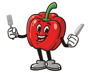 Paprika bell pepper with fork and knife cartoon mascot illustration character vector clip art logo hand drawn