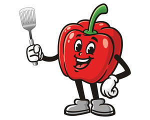 Paprika bell pepper with spatula cartoon mascot illustration character vector clip art logo hand drawn