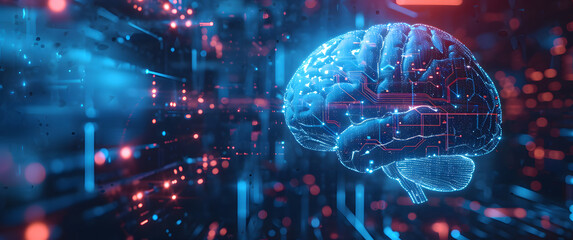Digital human brain in the virtual world of data and technology. Human brain electronic illustration, digital artificial, mind AI, computer information technology human brain, artificial intelligence.