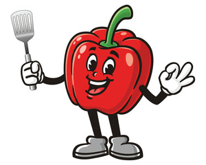 Paprika bell pepper with spatula and okay hand pose cartoon mascot illustration character vector clip art logo hand drawn