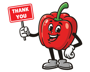 Paprika bell pepper with thank you sign board cartoon mascot illustration character vector clip art logo hand drawn