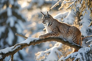 Lynx on branch at winter.