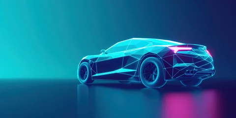Deurstickers  3D graphics visualization shows a fully developed vehicle prototype analyzed and optimized. X-ray of a luxury car on studio background. Augmented reality for car design editing and improvement © Valeriia