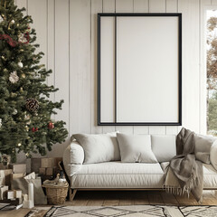 mockup empty, black vertical blank poster frame hanging on cream-colored shiplap wall next to a Christmas tree