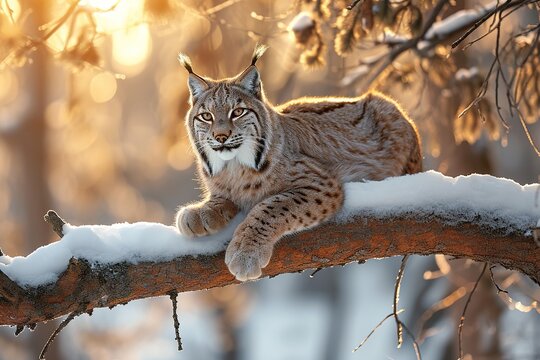 Lynx on branch at winter.