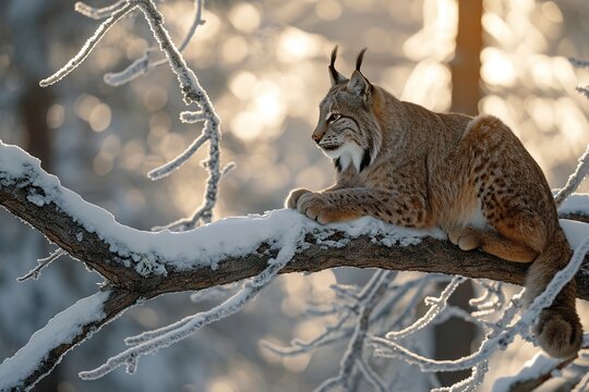 Lynx on branch at winter.