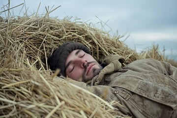 Naklejka na ściany i meble Man sleeping in a haystack.