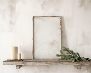christmas present, fir, twig on old wood shelf, in the style of poster, minimalist sets, light beige and bronze, artist's frame, 32k uhd --ar 5:4 --v 6 Job ID: 1eccfd45-a061-446d-b720-095a8d9d9b4c