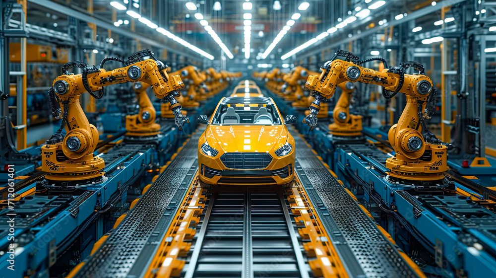 Poster robot arm assembly line in factory. concept of artificial intelligence for industrial revolution and