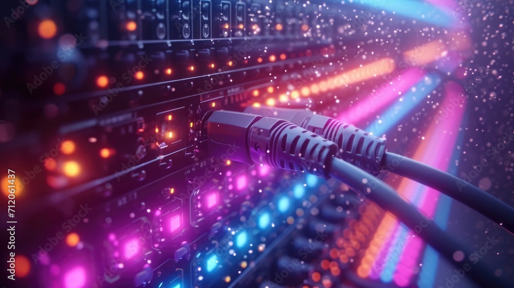 Aufkleber close up of network cables in data center with colorful lights
