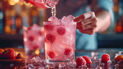 Close-up of barman making cocktail with fresh raspberries - obrazy, fototapety, plakaty