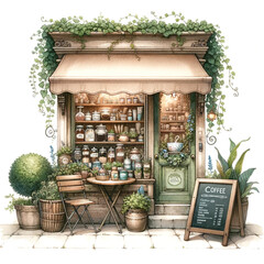 Vintage Coffee Shop Watercolor Illustration with Lush Greenery