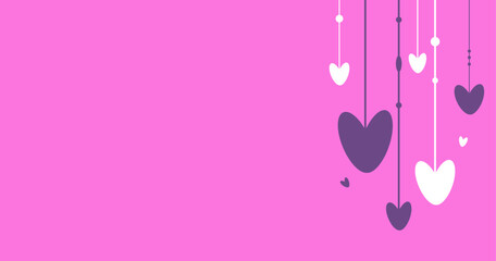 Fototapeta premium Hanging hearts by Valentine day. Wallpaper with text space vector. Background in flat style. For greeting card, logo, sale, product, design