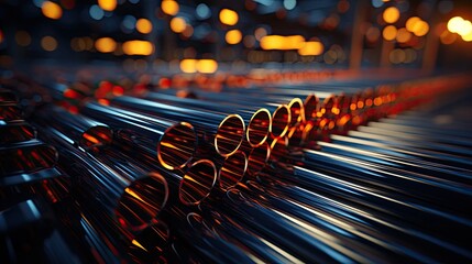 Steel pipes of different diameters in the warehouse of pipelines and spare parts for oil refining petrochemical equipment - obrazy, fototapety, plakaty