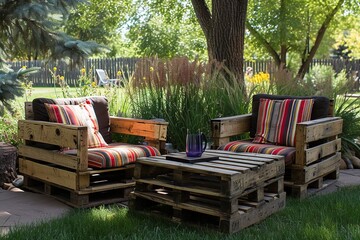 Outdoor chairs and table made from euro pallets. - obrazy, fototapety, plakaty
