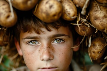 Boy with growing potatoes in his ears. - obrazy, fototapety, plakaty