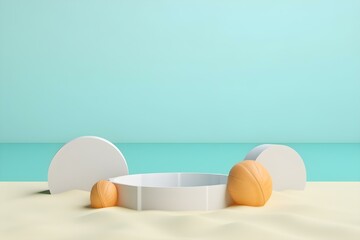 Fototapeta premium 3d Render of Abstract Minimal Display Podium for Showing Products or Cosmetic Presentation With Summer Beach Scene. Summer Time.