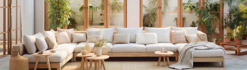 Modern interior of open space with design modular sofa, furniture, wooden coffee tables, plaid, pillows, tropical plants and elegant personal accessories in stylish home decor. Neutral living room.