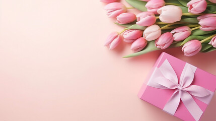 Fototapeta na wymiar Stylish Mothers Day Concept: Top View of Pink Giftbox, Tulip Bouquet on Isolated Pastel Background, Perfect for Spring Celebrations and Emotional Occasions