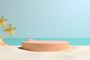 3d Render of Abstract Minimal Display Podium for Showing Products or Cosmetic Presentation With Summer Beach Scene. Summer Time.