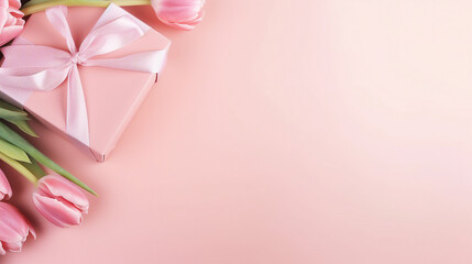 Stylish Mothers Day Concept: Top View of Pink Giftbox, Tulip Bouquet on Isolated Pastel Background, Perfect for Spring Celebrations and Emotional Occasions
