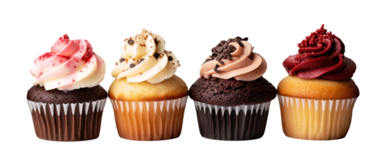 delicious frosted cupcakes in a row on transparent background