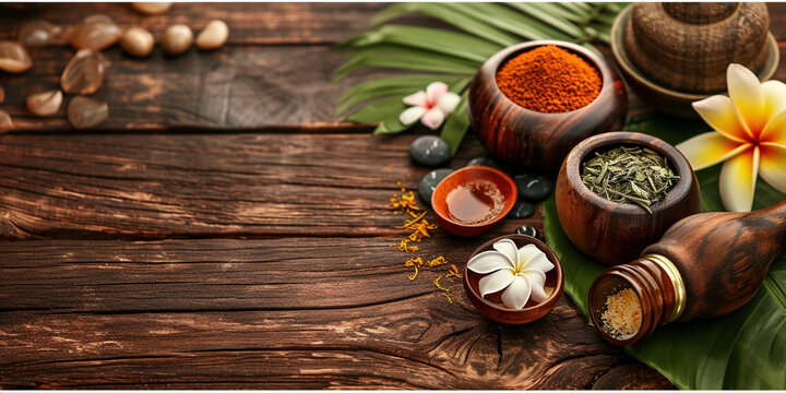  Ayurvedic spa and relax with natural aromatherapy treatment in a room for luxury or wellness surrounded by nature. Health and ayurveda massage, skincare, spa or relaxation concept.