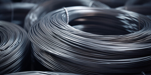 Steel wire roll in factory, close-up. Industrial background