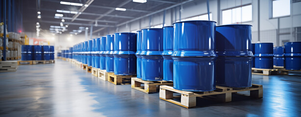 Blue barrels on pallets in warehouse. Conveyor belt with containers - obrazy, fototapety, plakaty