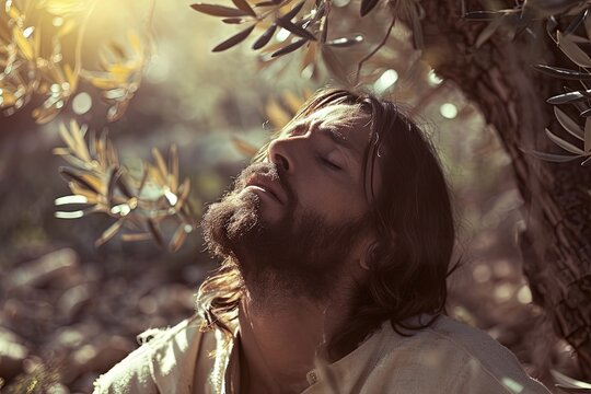 Jesus Christ praying God in Gethsemane garden.