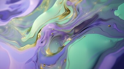 The close up of a glossy liquid surface abstract in lavender, mint green, and olive green colors...