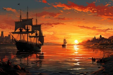 Panoramic view of a bustling harbor at sunset - obrazy, fototapety, plakaty
