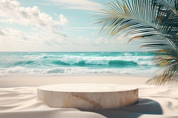 Fototapeta na wymiar Summer sea and sand product placement background with empty flat stone podium.
