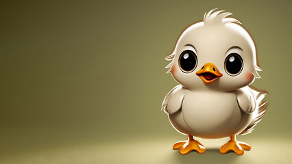 Cartoon illustration of a cute baby chicken isolated on a light green background, copy space, horizontal 16:9, concept for pet and animal rights 