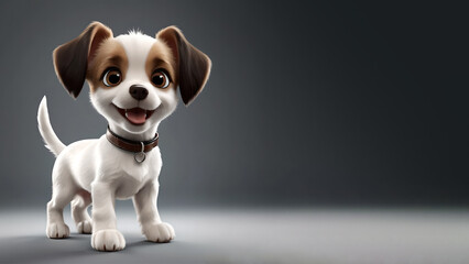 Cartoon illustration of a cute happy white puppy, baby dog, isolated on a light gray background, copy space, horizontal 16:9, concept for pet and animal rights 