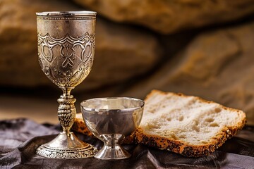 Bread with silver chalice of wine. Christian communion concept for reminder of Jesus sacrifice.