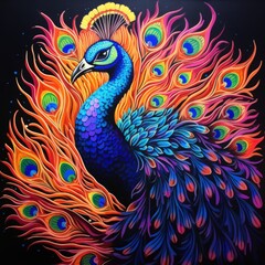 Fototapeta premium Blacklight painting-style peacock, peacock pop art illustration
