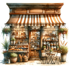 Vintage Style Watercolor Illustration of Quaint Coffee Shop
