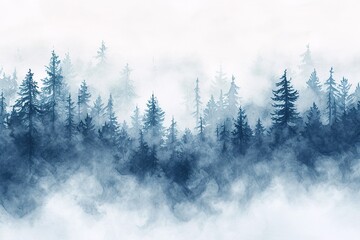 Watercolor foggy forest landscape illustration. - obrazy, fototapety, plakaty