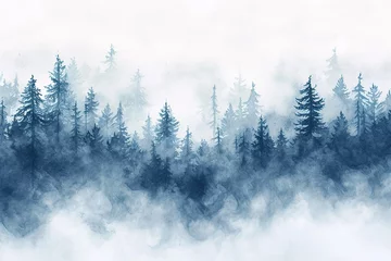 Papier Peint photo Bleu Jeans Watercolor foggy forest landscape illustration.