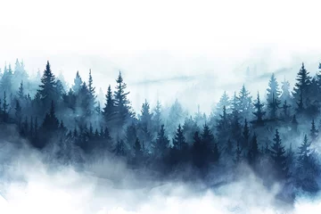 Tuinposter Watercolor foggy forest landscape illustration. © Bargais