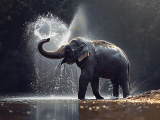 Playful Elephant Spraying Water in Nature