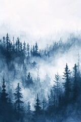 Watercolor foggy forest landscape illustration.