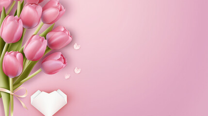 Naklejka premium Capturing the Heart of Motherhood: Celebrate Mother's Day with Realistic Hearts, Tulips, and Love on a Pink Background