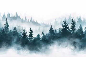 Watercolor foggy forest landscape illustration.