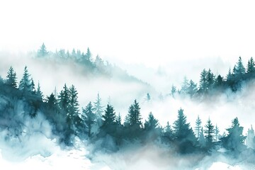 Watercolor foggy forest landscape illustration.